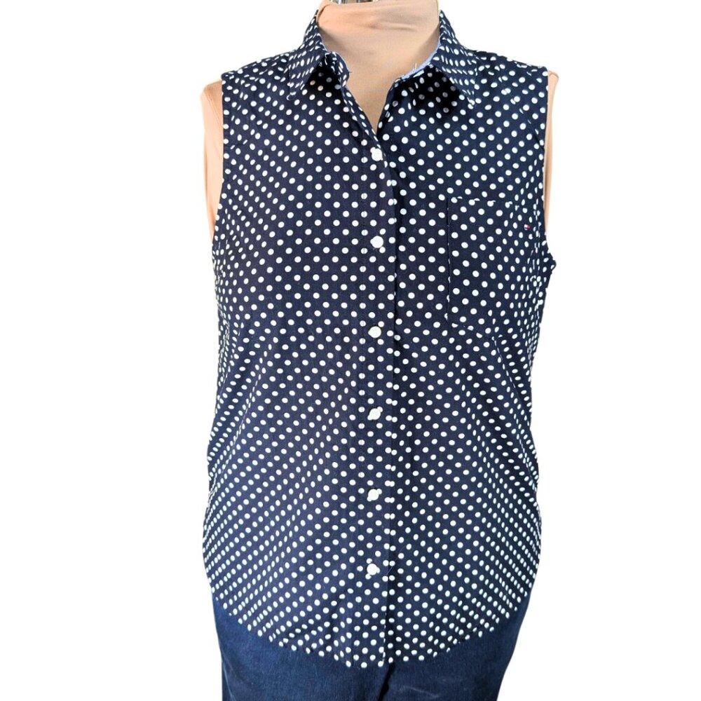 Tommy Hilfiger Large Blue & While Polka Dot Sleeveless Button Blouse - Picture 1 of 7